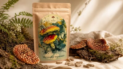 Мухомор червоний Крафт-пакет «Мухоморко» з мухомором червоним (Amanita muscaria), поруч сушені шапки та капсули. У продажу — капсули, мелений порошок, сушені шапки та цілий гриб.