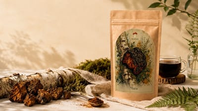 Чага Крафт-пакет «Мухоморко» з чагою (Inonotus obliquus), поруч шматочки березового наросту з берестою та чашка чаю. У продажу — мелений порошок і шматочки для заварювання.