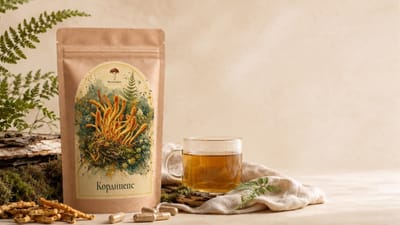 Кордицепс Крафт-пакет «Мухоморко» з кордицепсом мілітаріс (Cordyceps militaris), поруч чашка чаю та сушені плодові тіла. У продажу — капсули та мелений порошок.