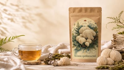 Їжовик гребінчастий / Lion’s Mane Крафт-пакет «Мухоморко» з їжовиком гребінчастим (Hericium erinaceus, Lion’s Mane), поруч чашка чаю та свіжі гриби. У продажу — капсули та мелений порошок.